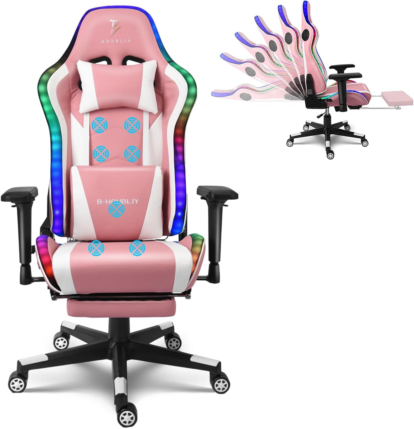 Gaming Chair with Speakers, Ergonomic Gaming Chair with Footrest and LED Lights,Comfortable Computer Reclining,Gaming Chair with Massage Function,Teen/Adult Computer Chair,Pink