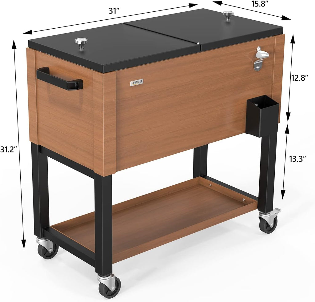 VINGLI 80 Quart Rolling Ice Chest on Wheels, Patio Cooler Cart, Beverage Rolling Cooler for Outdoor Patio Deck Party