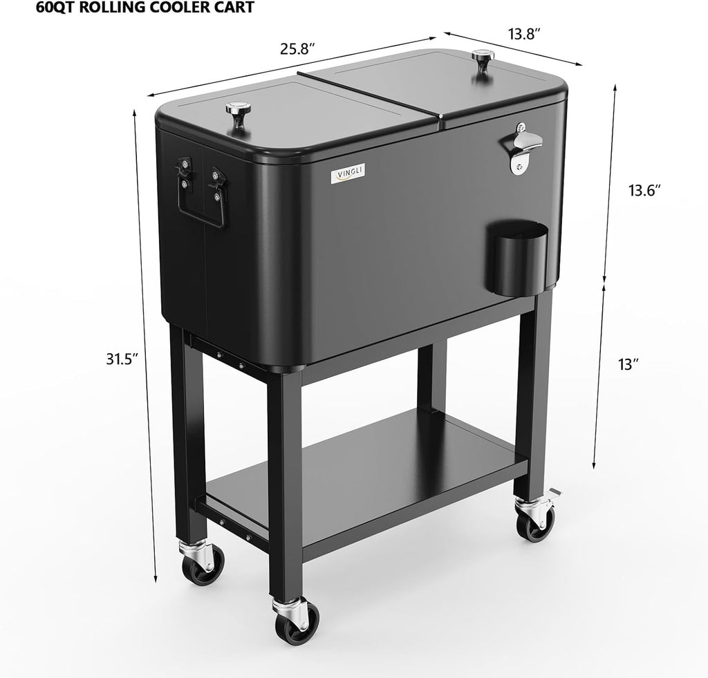 VINGLI Patio Cooler, Rolling Ice Chest on Wheels, Portable Patio Party Bar Drink Cooler Cart, with Shelf, Beverage Pool with Bottle Opener,Water Pipe