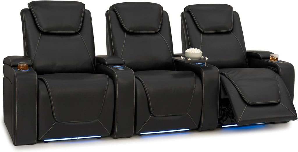 Seatcraft Equinox Zero-Gravity CoolZero Italian Leather Home Theater Seating, Powered Headrest, Powered Lumbar, Powered Recline, Row of 3, Black