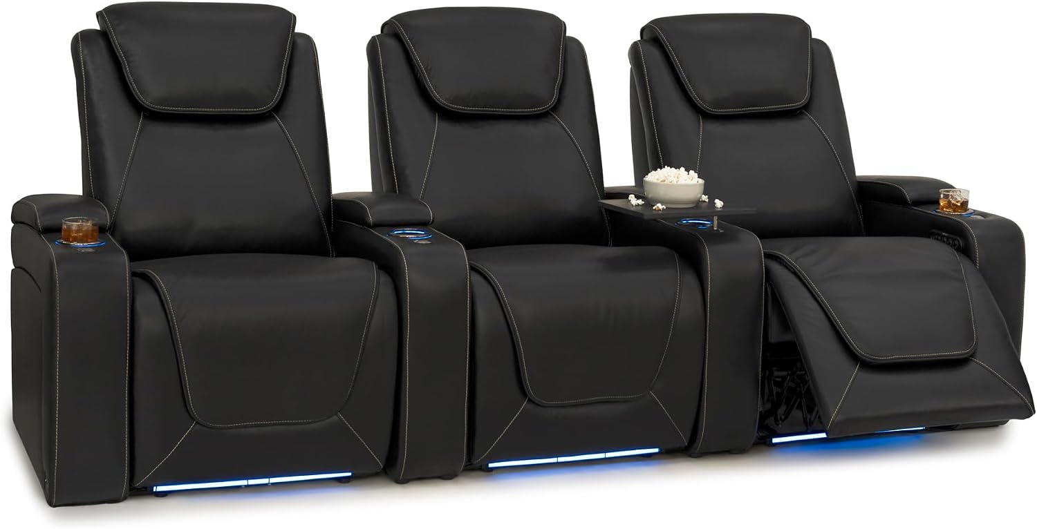 Seatcraft Equinox Zero-Gravity CoolZero Italian Leather Home Theater Seating, Powered Headrest, Powered Lumbar, Powered Recline, Row of 3, Black