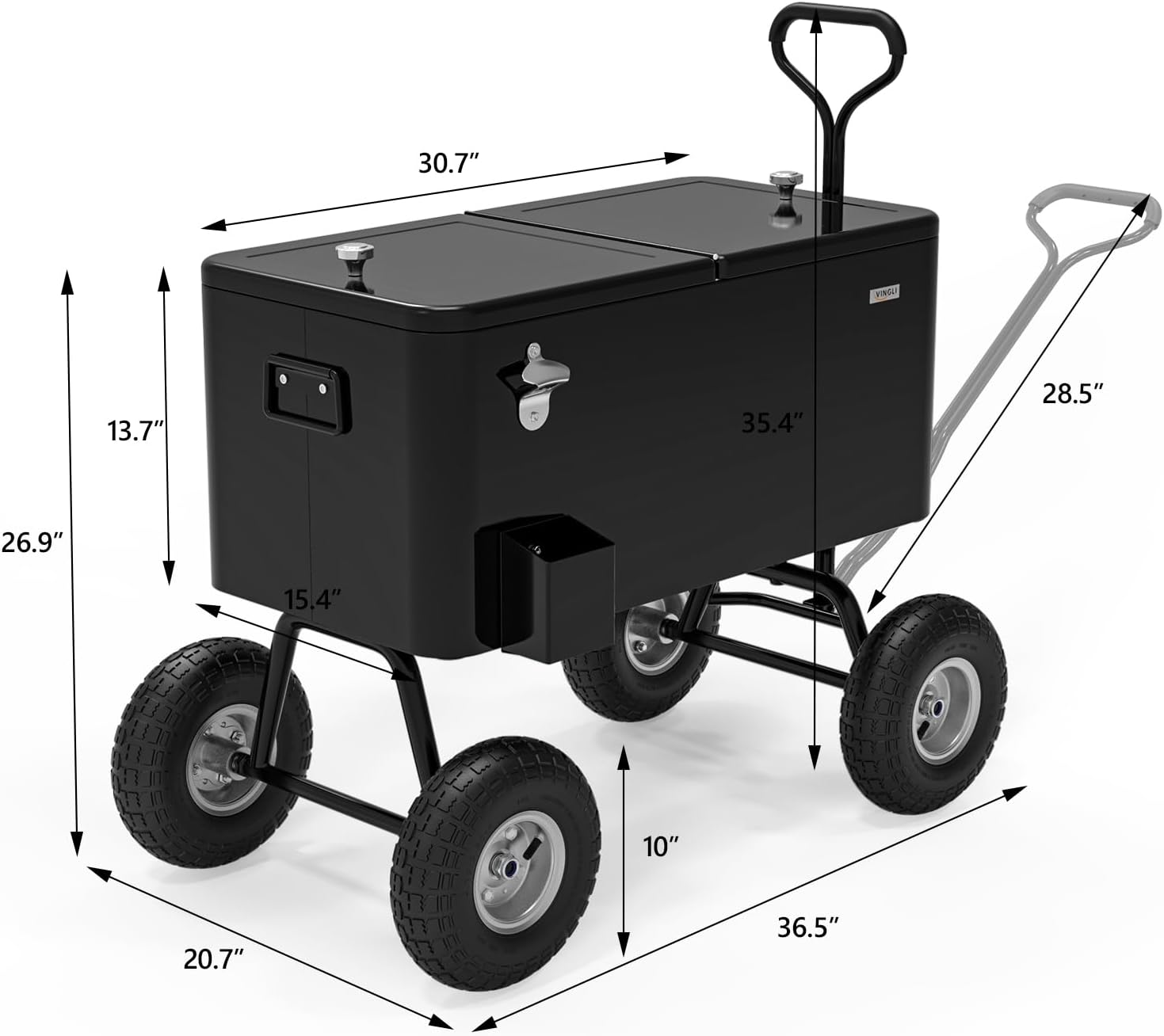 VINGLI 80 Quart Wagon Rolling Cooler Ice Chest, w/Long Handle and 10' Wheels, Portable Beach Patio Party Bar Cold Drink Beverage, Outdoor Park Cart on Wheels