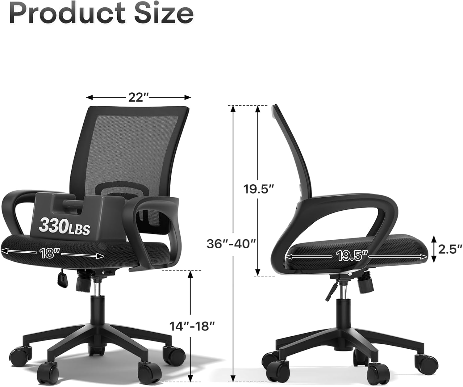 Ergonomic Office Chair 10P- Heavy Duty 330Lbs, Breathable Mesh Computer Desk Chair with Lumbar Support & Armrest, Rolling Swivel Adjustable Tilt Lock for Home Office/Gaming, Bedroom Study