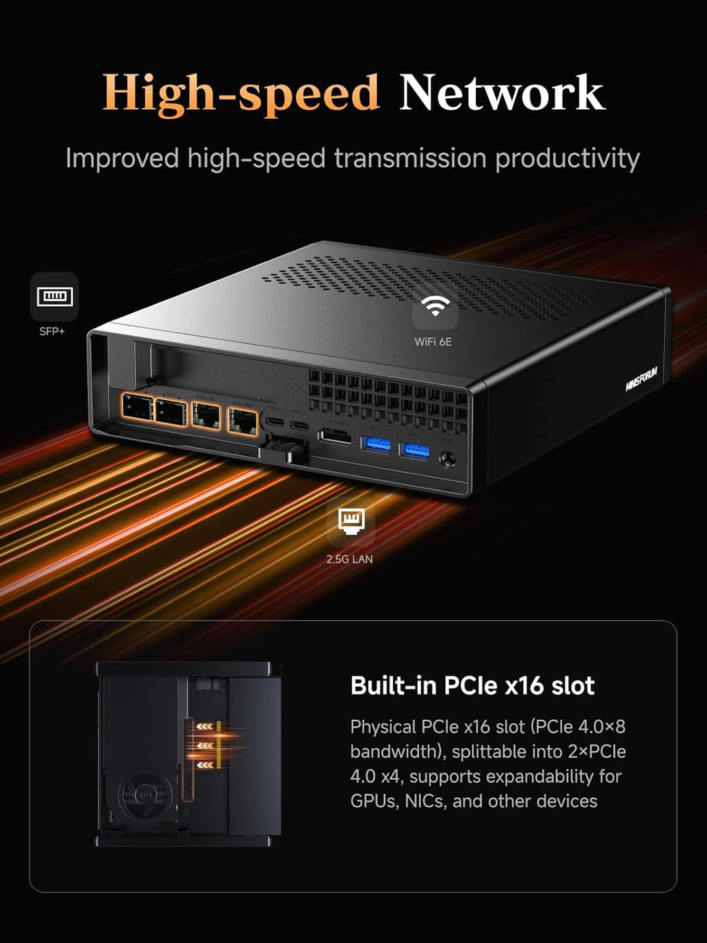 MINISFORUM AMD Ryzen 7 7745HX MS-A2 Mini PC (8C/16T, up to 5.1GHz), PCIe×16, HDMI/2x USB-C (8K@60Hz), 2X SFP+ 10G, 2X 2.5G LAN, 3X SSD M.2 (2280/22110/U.2),NO RAM/SSD/OS