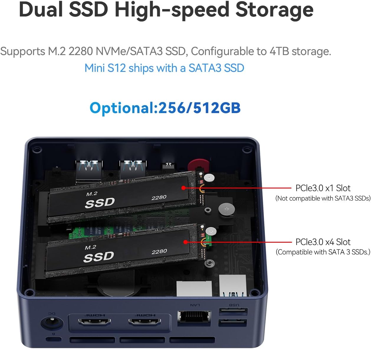 Beelink MINI S12 Mini PC with Processor N95 (4C/4T), 8G DDR4/256G SSD 4K UHD, Dual HDMI Ports, WiFi5, BT4.2 2.5G LAN Micro Computer Support Auto Power On, WOL