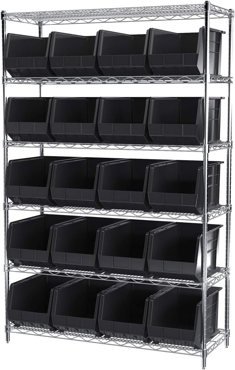 Akro-Mils 30260 AkroBins Plastic Storage Bins, Space-Saving Stackable Bins for Garage, Pantry, Craft Organization, 18' x 11' x 10', Black, 6-Pack