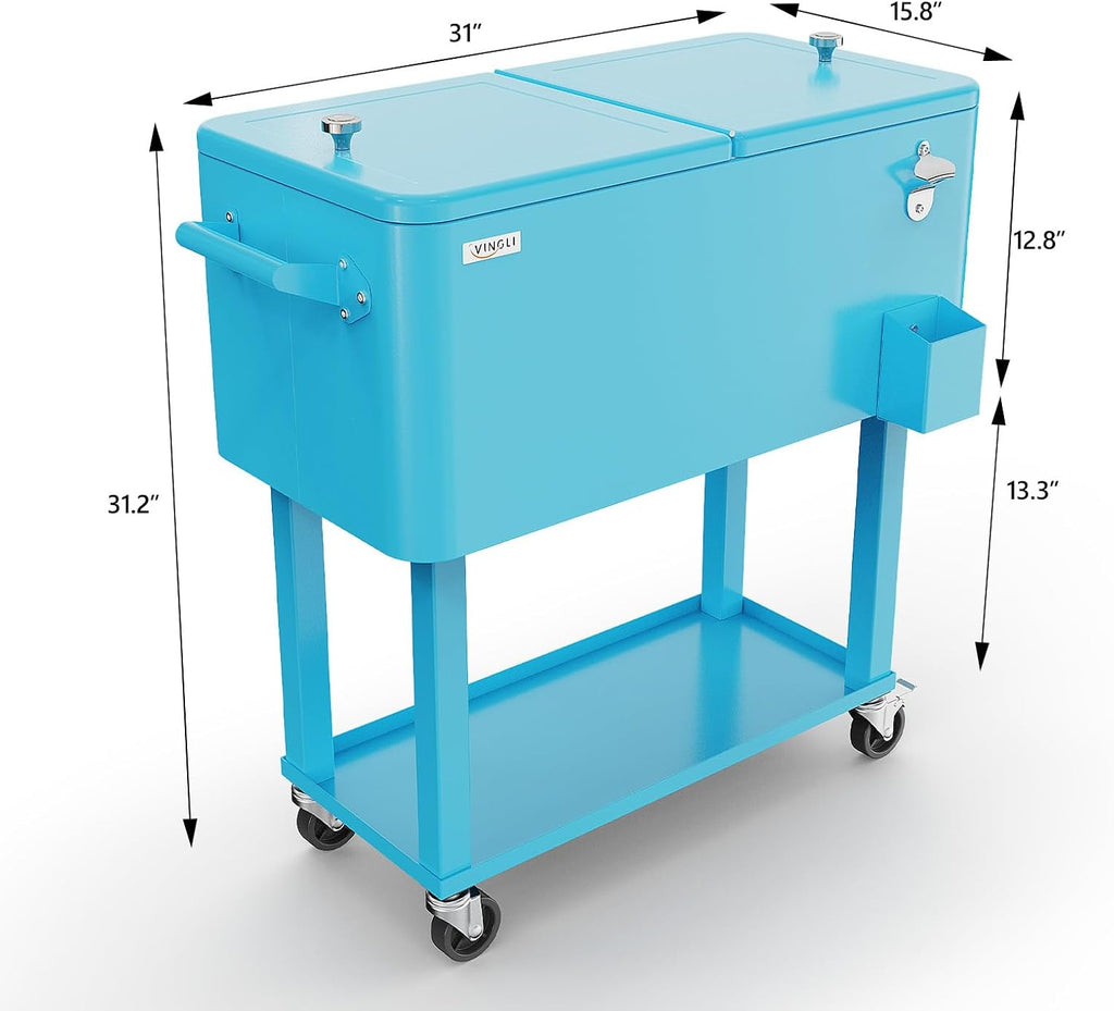 VINGLI Rolling Ice Chest, Portable Patio Party Bar Drink Cooler Cart, with Shelf, Beverage Pool with Bottle Opener