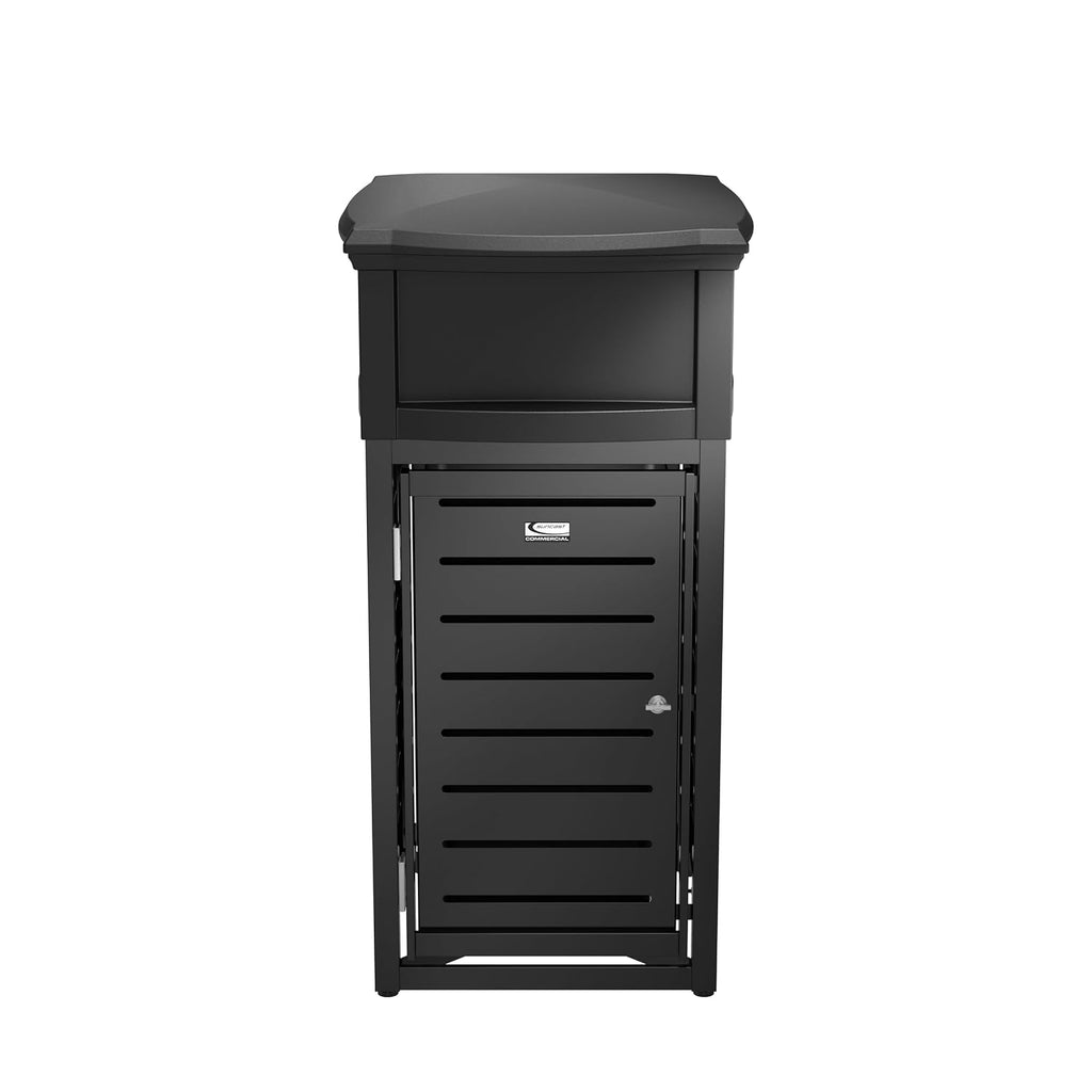 Suncast Commercial Products 30-Gallon Metal Outdoor Trash Can with Two-Way Lid, Adjustable Feet, and Removable Liner, Covered Design, Black, Made in the USA