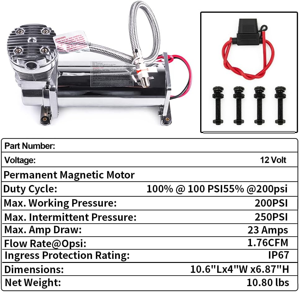 Heavy Duty 200 PSI Air horn Compressor Dual Value Pack, 1/4 NPT Train Horn/Air Ride Compressor, Fittings for 12V Train/Truck/Car,Air Suspension horn Compressor SILVER
