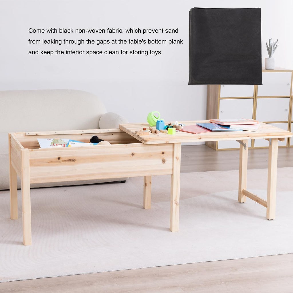 BIRASIL Wooden Kids Table with Storage, Sensory Tables with Folding Lid for Children, Elevated Activity Play Table for Indoor Outdoor, Natural Wood