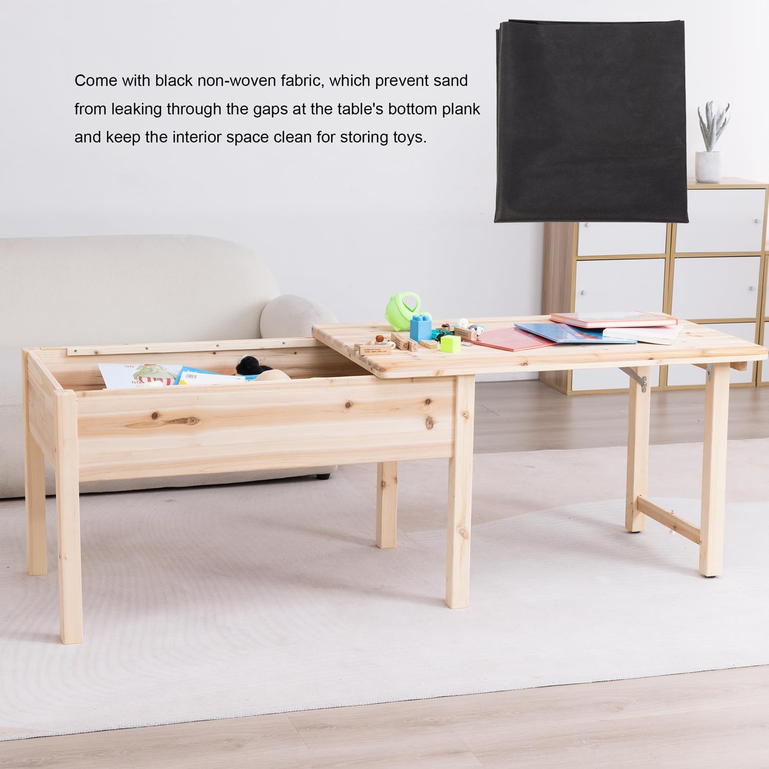 BIRASIL Wooden Kids Table with Storage, Sensory Tables with Folding Lid for Children, Elevated Activity Play Table for Indoor Outdoor, Natural Wood