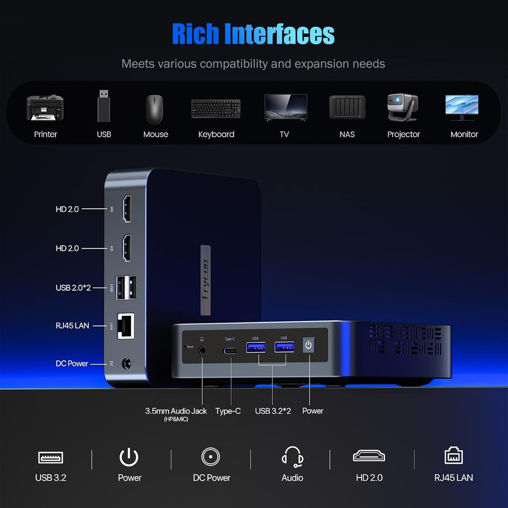 Trycoo WI6 Mini PC Computer Alder Lake N95(Up to 3.4GHz), 8GB DDR4 256GB SSD, Desktop Mini Computer 4K Triple Display, Type-C, Dual HDMI, RJ45 LAN Ethernet, WiFi5, BT4.2 for Office, Home, Business