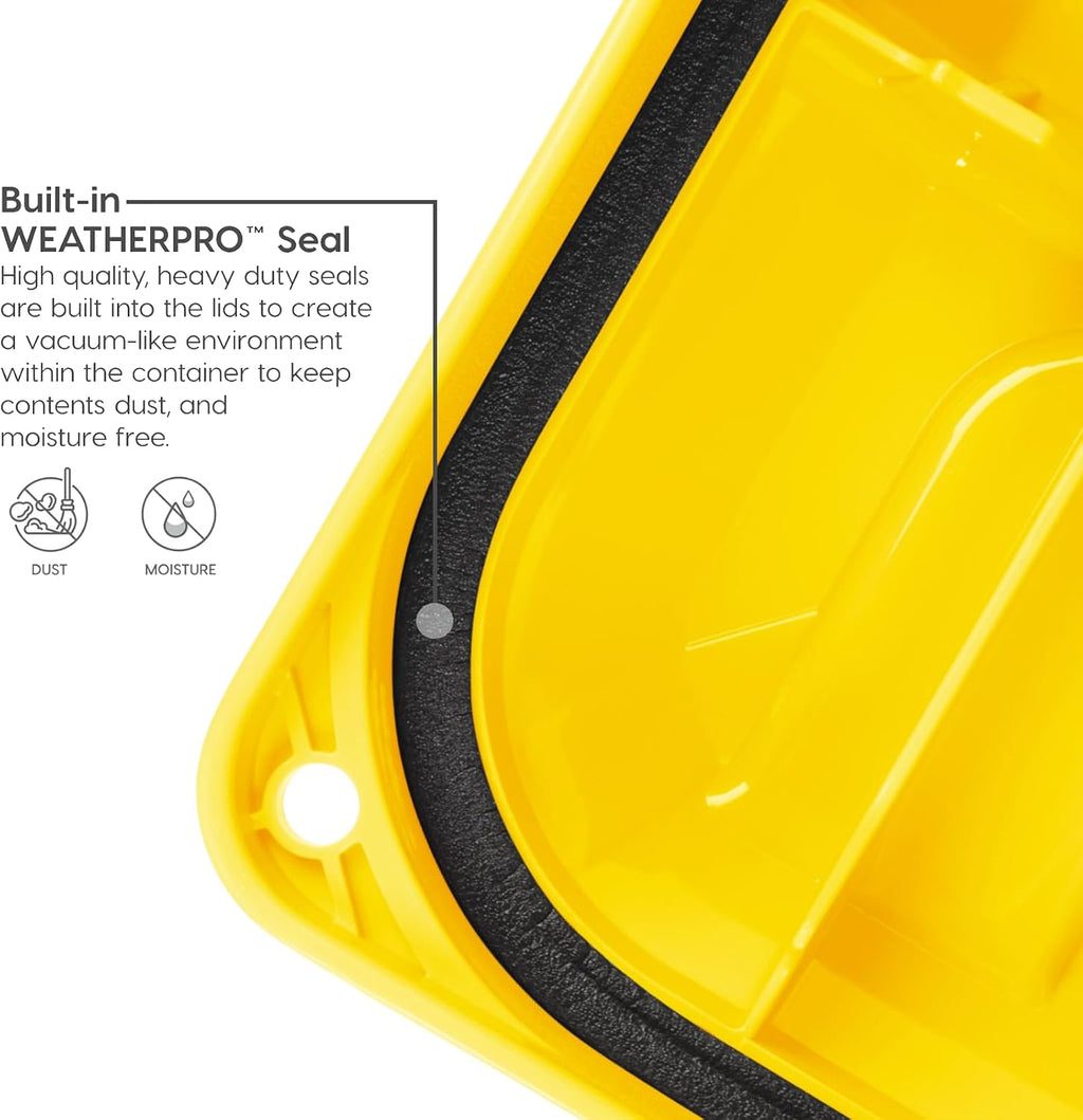 IRIS USA WeatherPro 21 Gallon Lockable Storage Bins with Lids, 4 Pack - Made in USA, Heavy Duty, Stackable Containers, Garage Organizing Tubs, Rugged Sturdy Equipment Utility Box - Black/Yellow