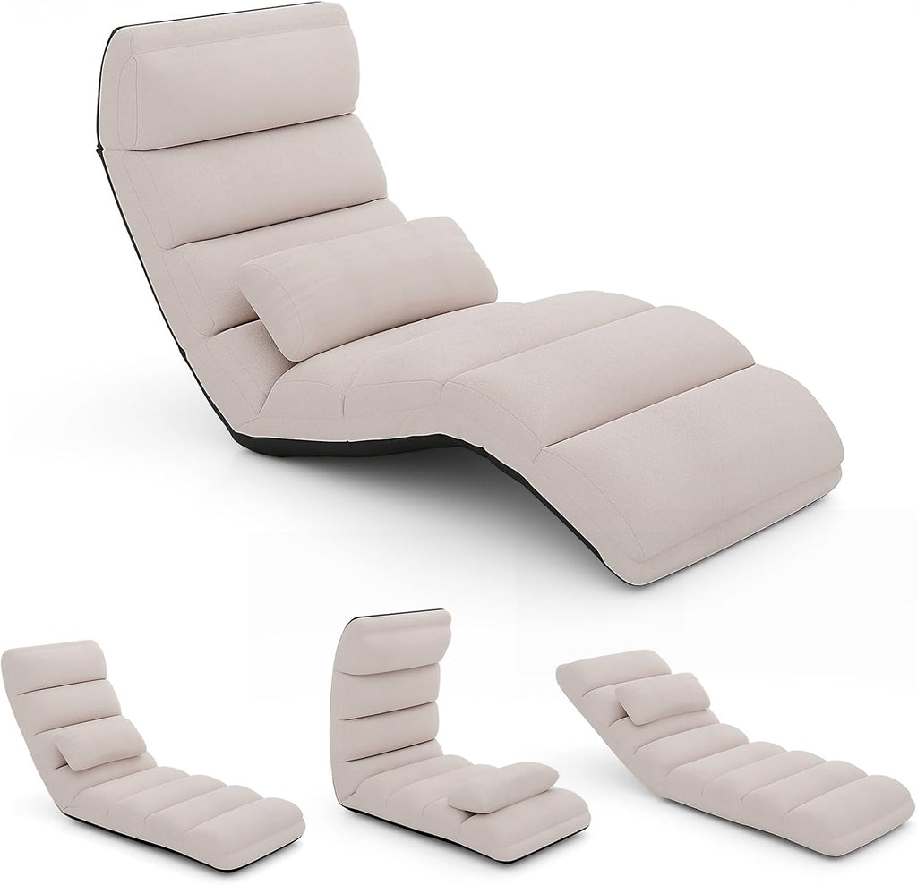 KOMFOTT Foldable Floor Lazy Sofa with Pillow, Indoor Chaise Lounge with 5 Adjustable Positions, Adjustable Back Support & Footrest, Video Gaming Chair for Home, Office, Reading, Watching (Beige)