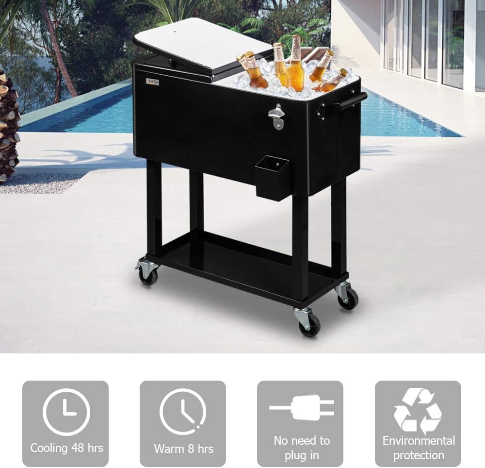 VINGLI Rolling Ice Chest, Portable Patio Party Bar Drink Cooler Cart, with Shelf, Beverage Pool with Bottle Opener