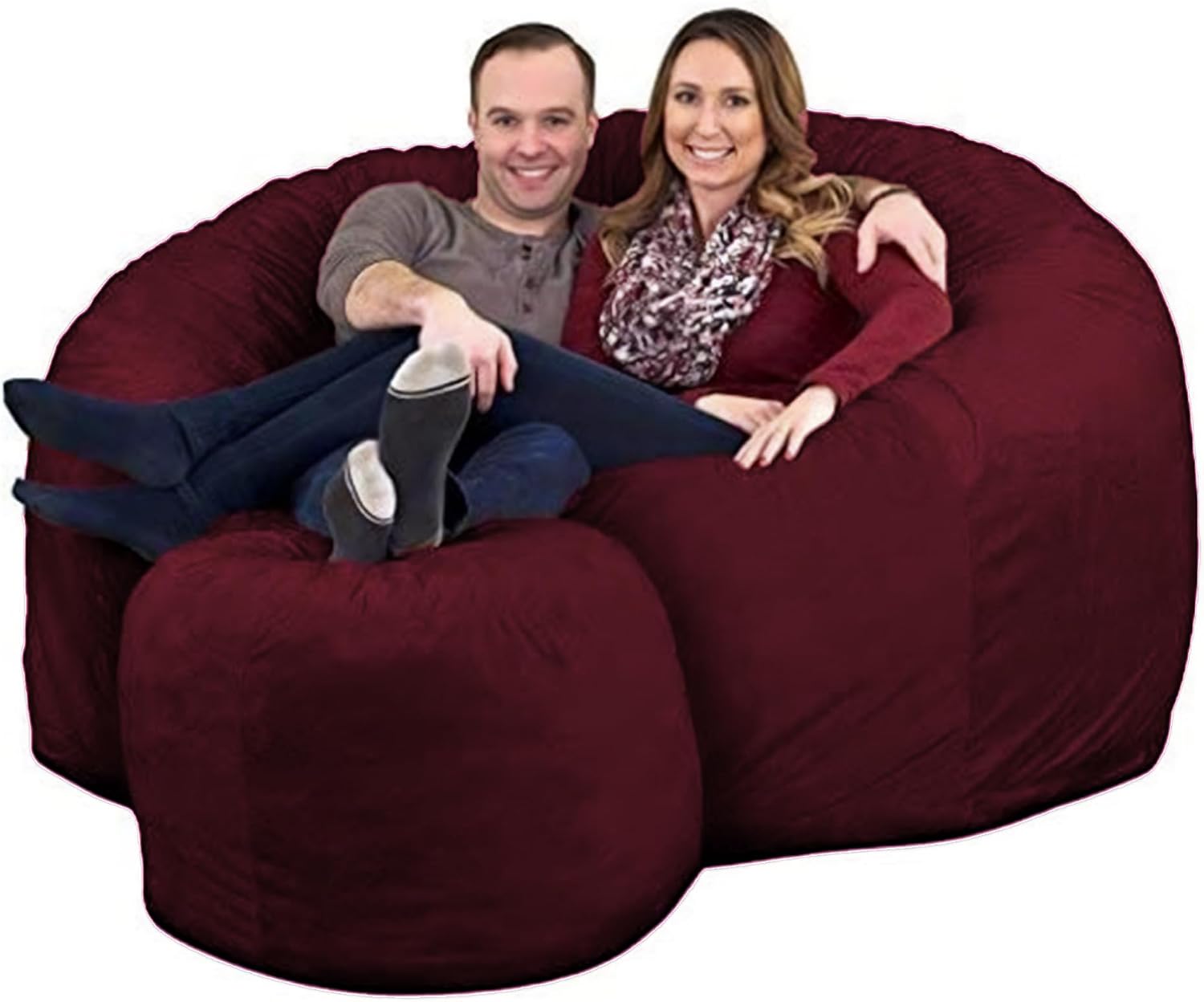 ULTIMATE SACK 6000 6-Foot Bean Bag Chair with Footstool, Burgundy Suede Cover – Oversized Foam Lounger, Floor Seat, Small Sofa, or Couch Bed for Living Area, Gaming Room, or Reading Lounge