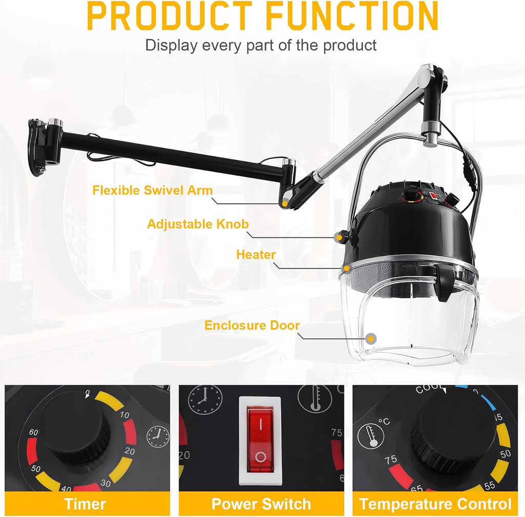 Professional 900W Wall Mounted Hair Dryer with Swivel Arm, Fast Hair Drying Low Noise for Salon, Adjustable Termperature 5-70°C Timer 0-60 Min Hairdryers Black