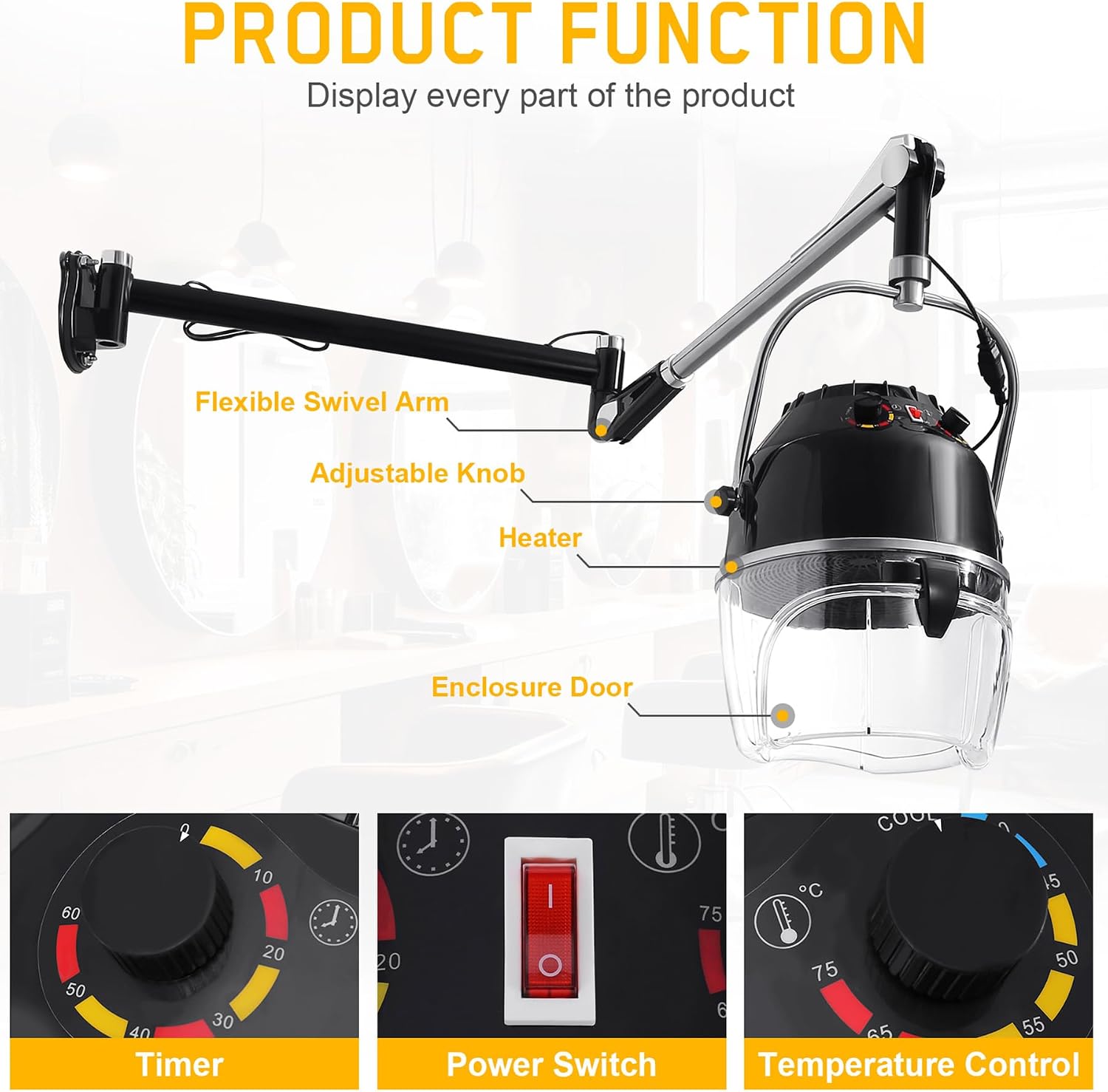 Professional 900W Wall Mounted Hair Dryer with Swivel Arm, Fast Hair Drying Low Noise for Salon, Adjustable Termperature 5-70°C Timer 0-60 Min Hairdryers Black
