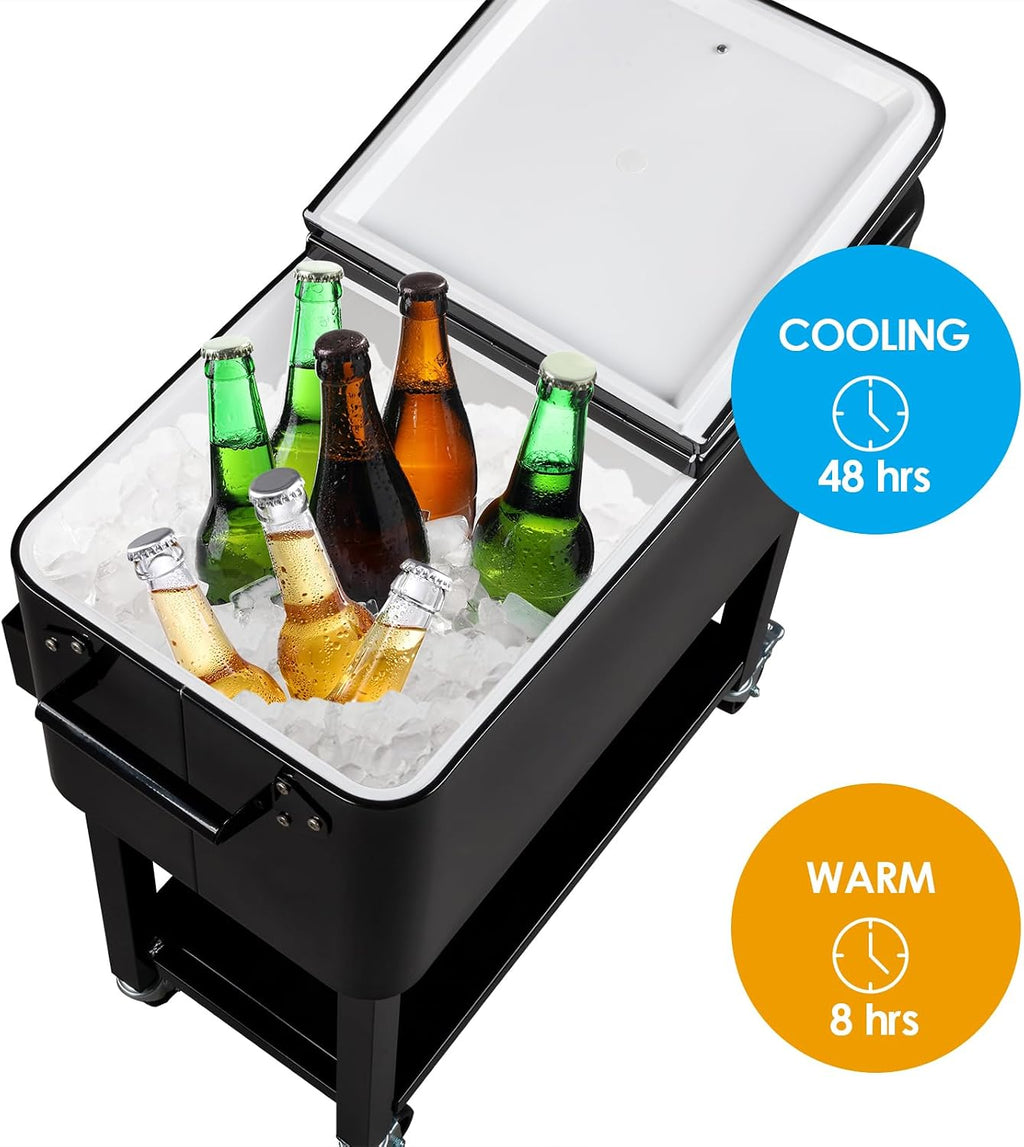 VINGLI 80 Quart Rolling Ice Chest on Wheels, Portable Patio Party Bar Drink Cooler Cart, with Shelf, Beverage Pool with Bottle Opener,Water Pipe