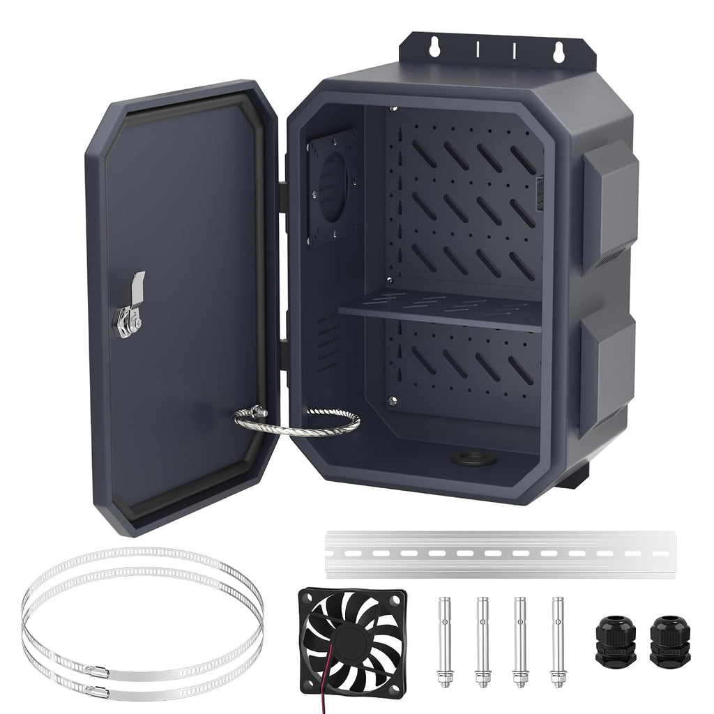 Joinfworld Outdoor Electrical Box, Metal Outdoor Enclosure Box Waterproof IP65 Junction Vented Enclosure Weatherproof with Cold-Rolled Steel Plate Fan Din Rail Cable Gland 15.7'x11.8'x7.9'