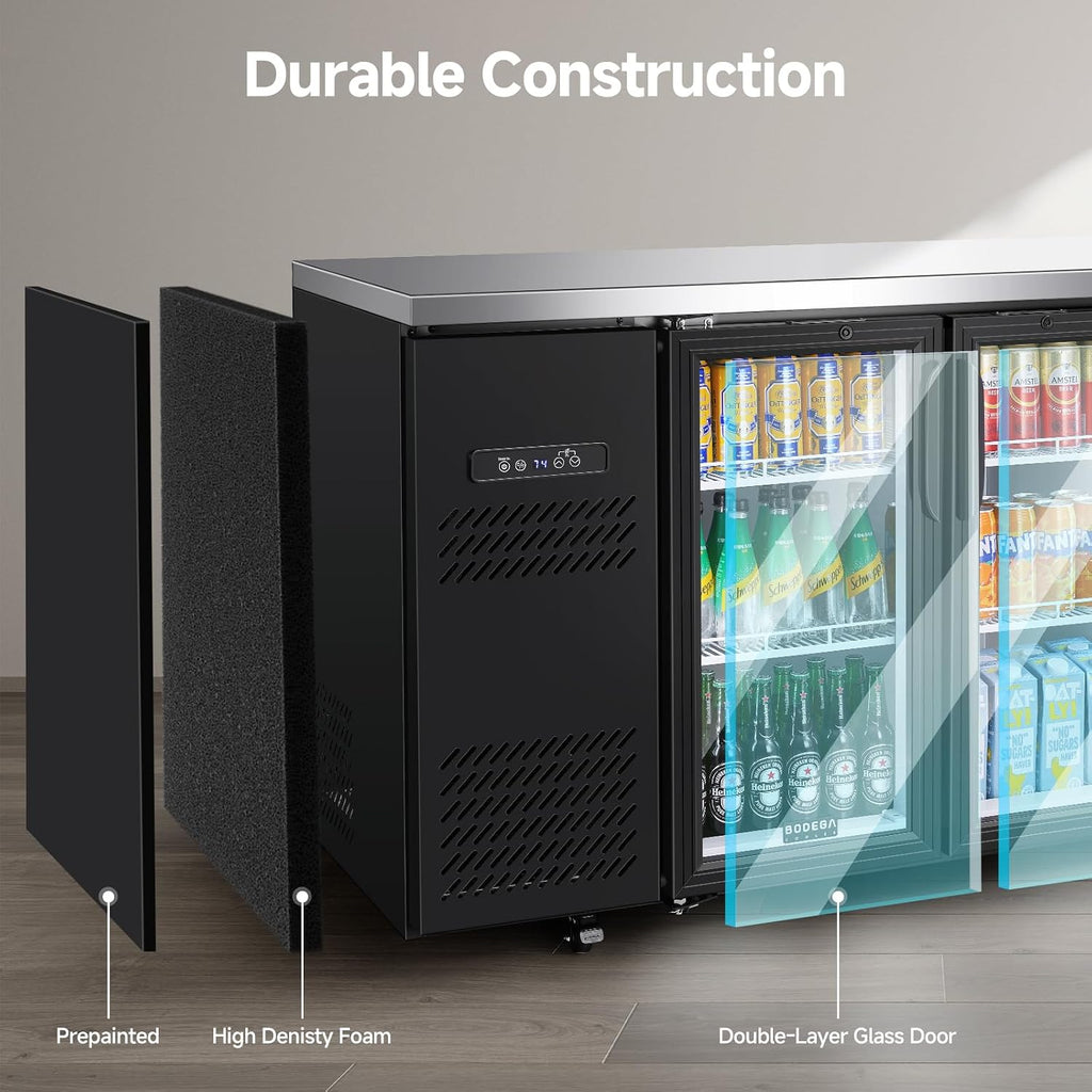 BODEGA BODEGACOOLER Commercial Bar Cooler with 3 Glass Doors, 20.5 Cu.Ft Back Bar Beverage Refrigerator for Beer Soda Wine,LED Lighting With Stainless Steel Top,Casters Kitchen Buffet Table Use
