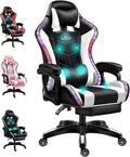 Gaming Chair with Bluetooth Speakers, RGB LED Lights & Footrest, Massage Computer Gaming Chair/Video Game Chair for Adults & Teen Enhance Gaming Experience,White