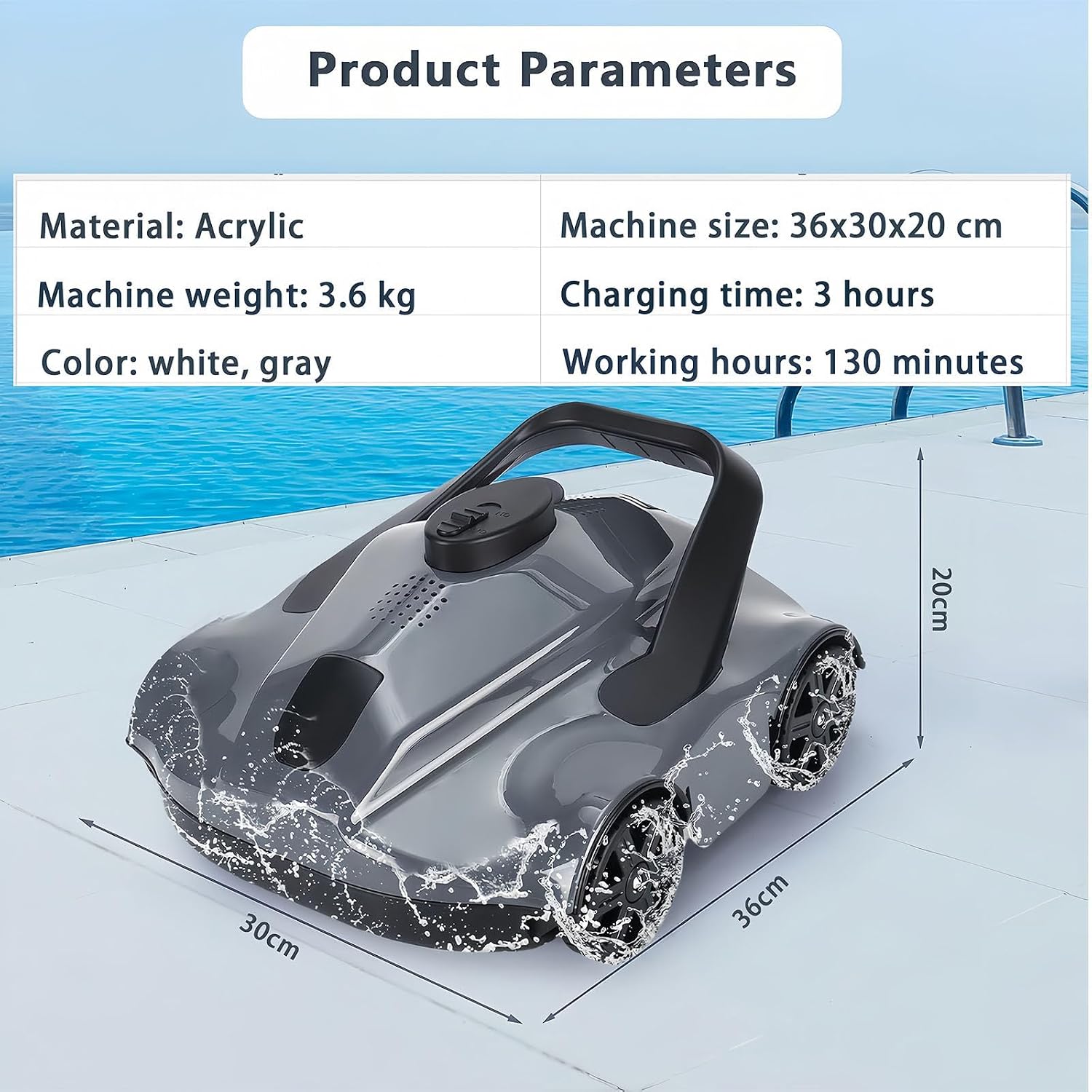 Smart Pool Robot, Above Ground Pool Cleaning Machine, Intelligent Path Planning and Cordless Design, Lasts 130 Minutes, Suitable for Above Ground Pools Up to 1076 Square Feet,Grey