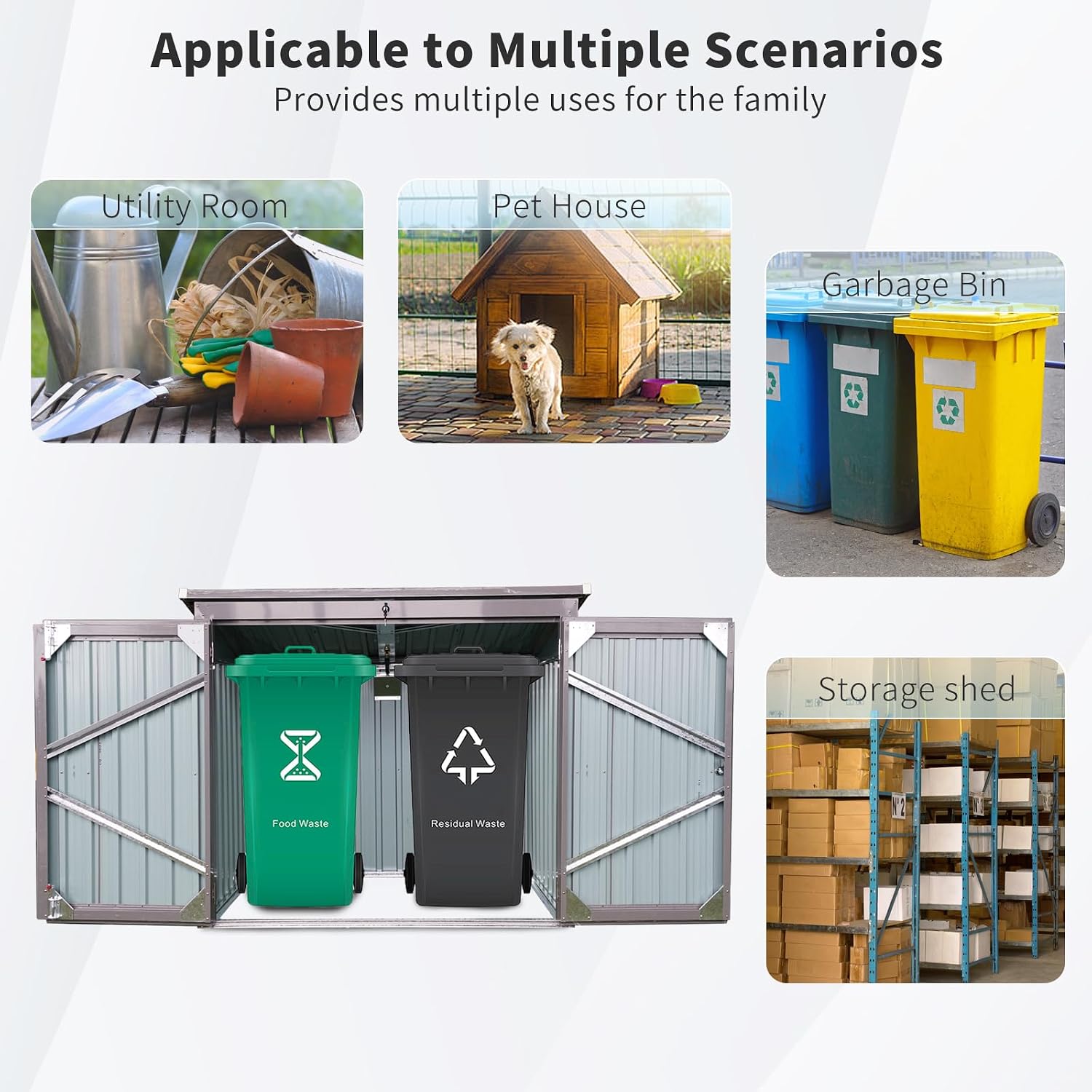 Garbage Bin Shed for 2 Trash Cans, Outdoor Metal Garbage Storage Shed with Lockable Door & Sloped Roof, Multi-Use Rust Prevention Galvanized Steel Enclosure for Yard, Garden, Patio (Gray)