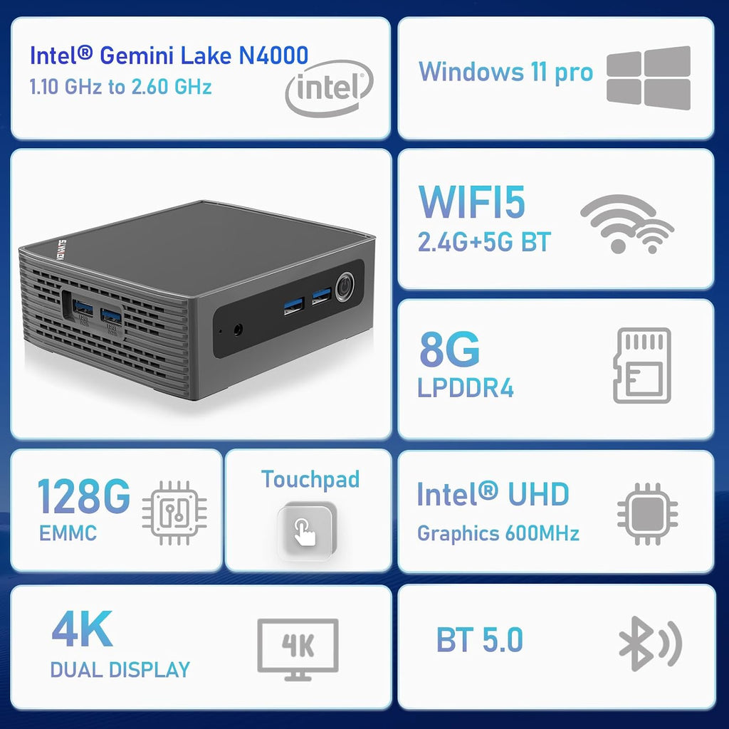 KN1 Mini PC Touch PC Intel N4000(up to 2.6GHz),8GB LPDDR4 128GB eMMC,Support M.2 SSD Expansion (512GB/2TB),Support 4K Dual Display, 2.4G/5G WiFi,BT 5.0,USB 3.0,Mini Desktop Computer for Home/Office