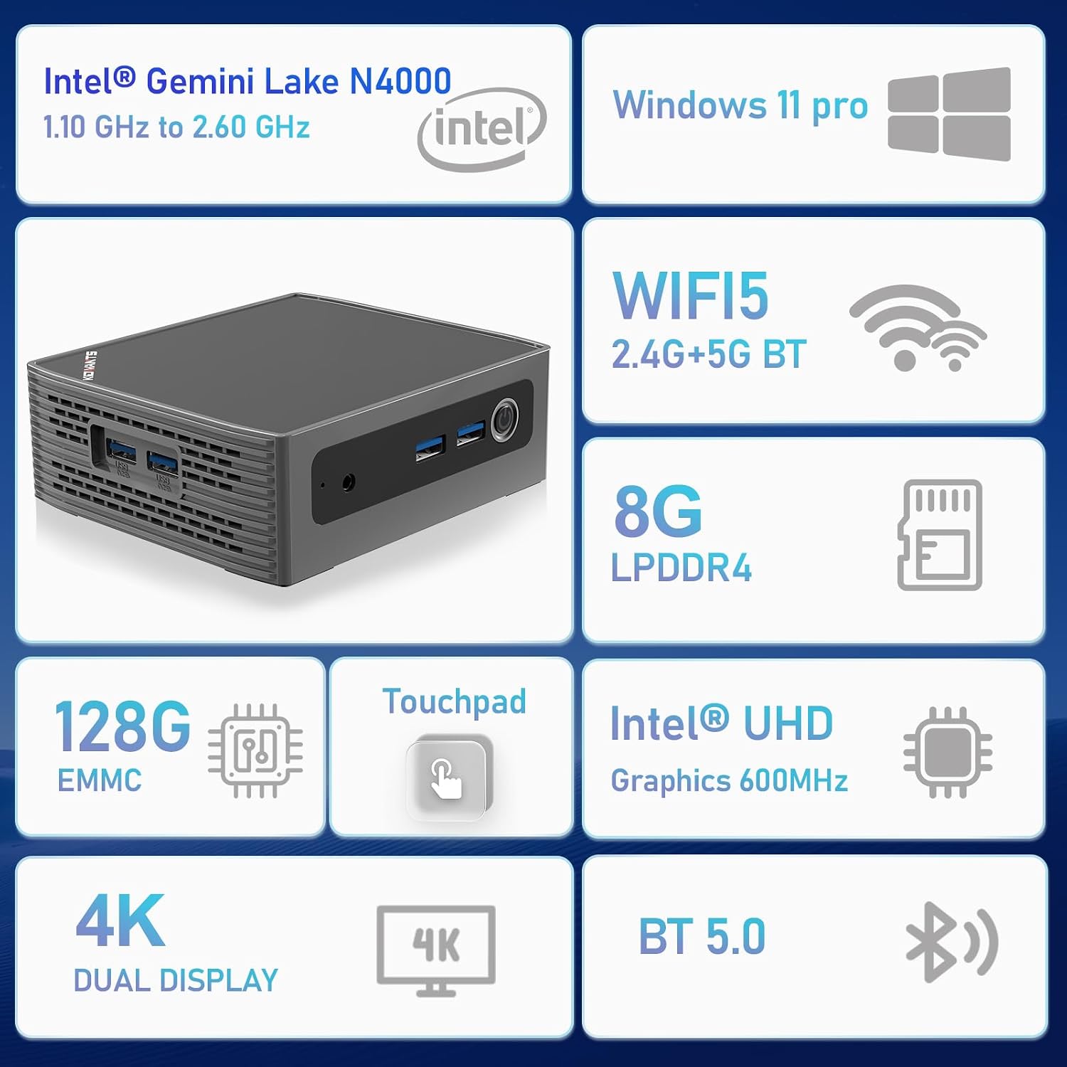 KN1 Mini PC Touch PC Intel N4000(up to 2.6GHz),8GB LPDDR4 128GB eMMC,Support M.2 SSD Expansion (512GB/2TB),Support 4K Dual Display, 2.4G/5G WiFi,BT 5.0,USB 3.0,Mini Desktop Computer for Home/Office
