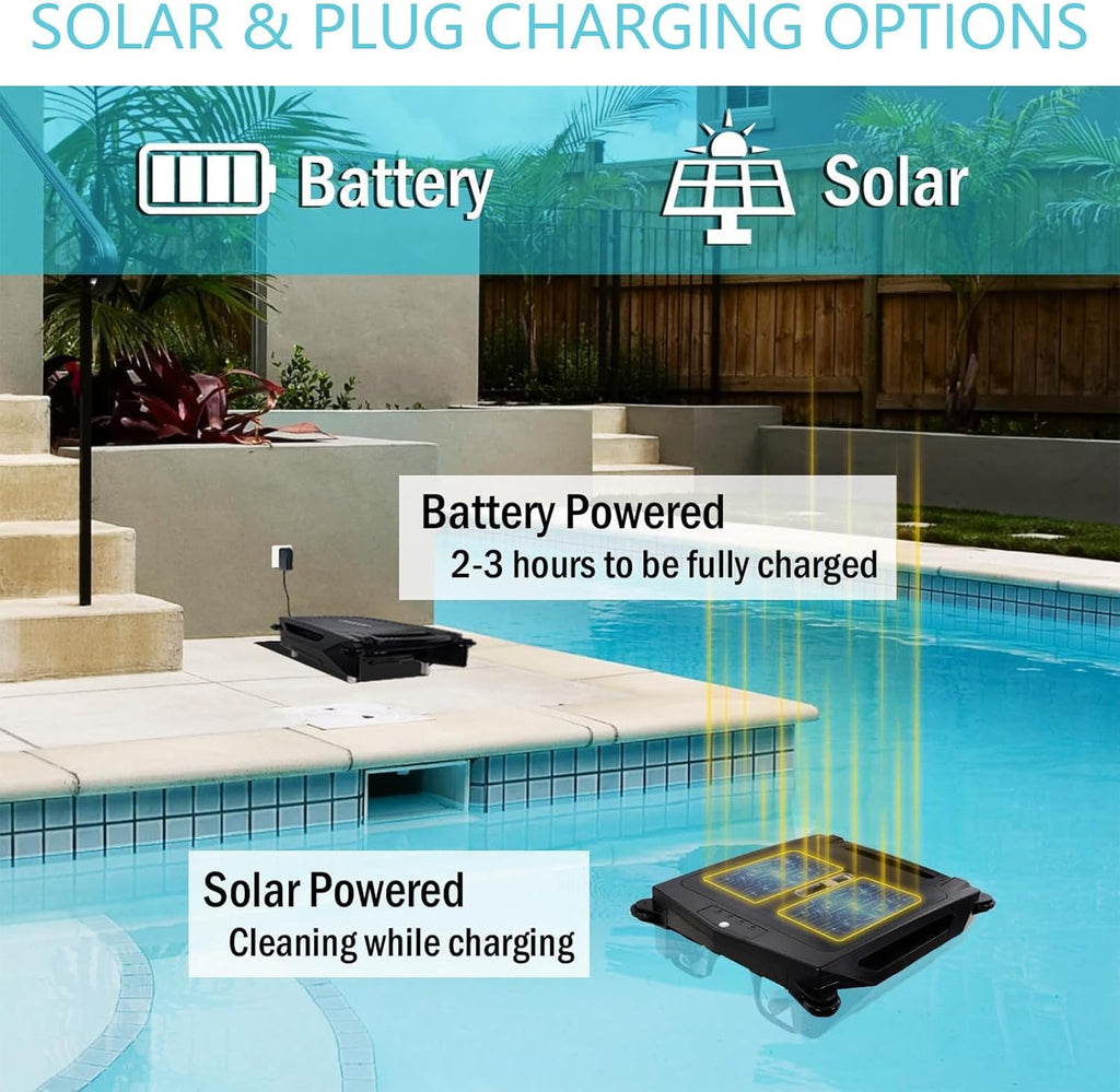 Solar Pool Skimmer, 24/7 Cleaning, Dual Charging Modes, Smart Obstacle Avoidance, for All Swimming Pool Types