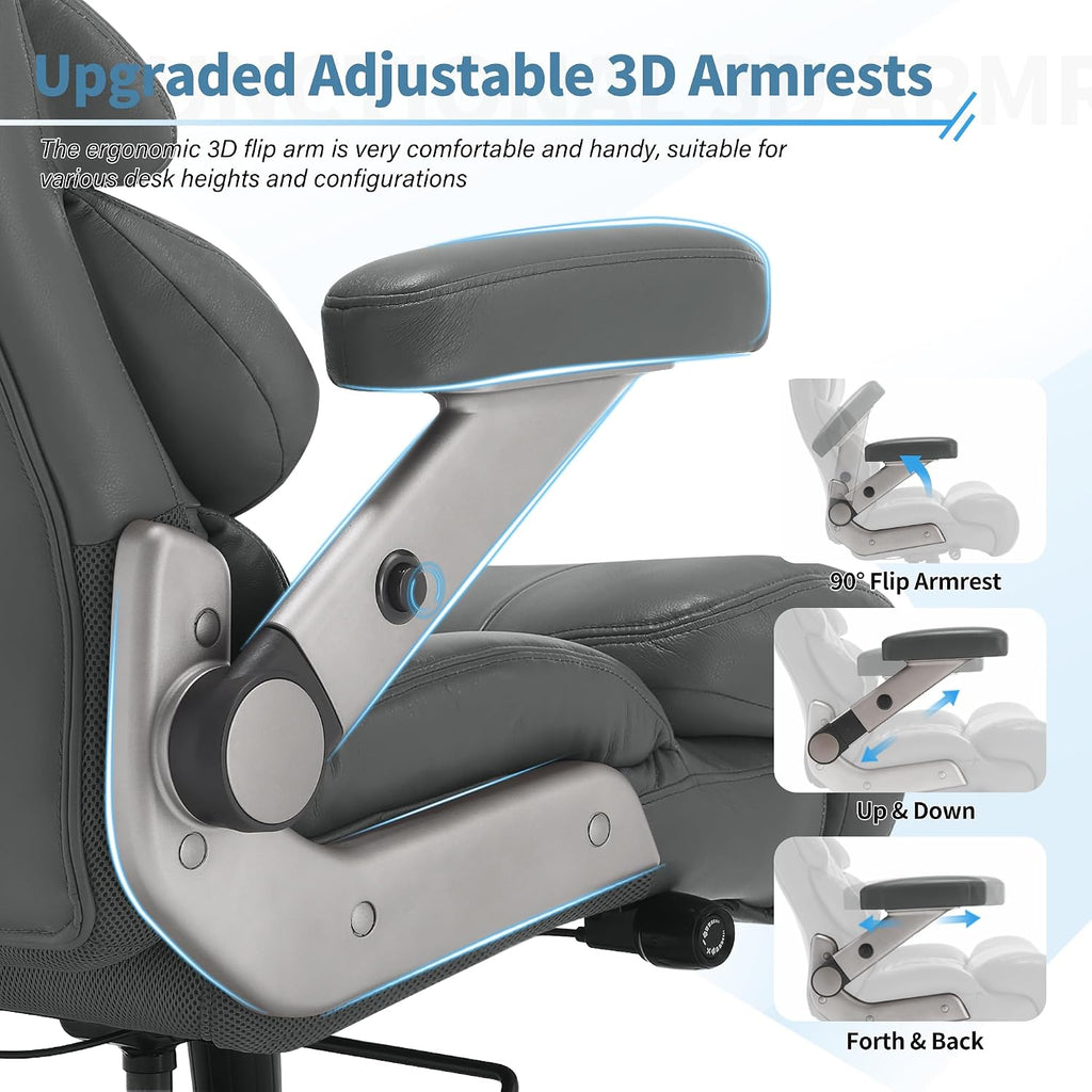 VUZI 700lbs Big and Tall Office Chair-Large Computer Chair with Adjustable Lumbar Support 3D Flip Arms Plus Size Wheels, High Back Executive Desk Chair, Heavy Duty Metal Base, Thick Padded Wide Seat