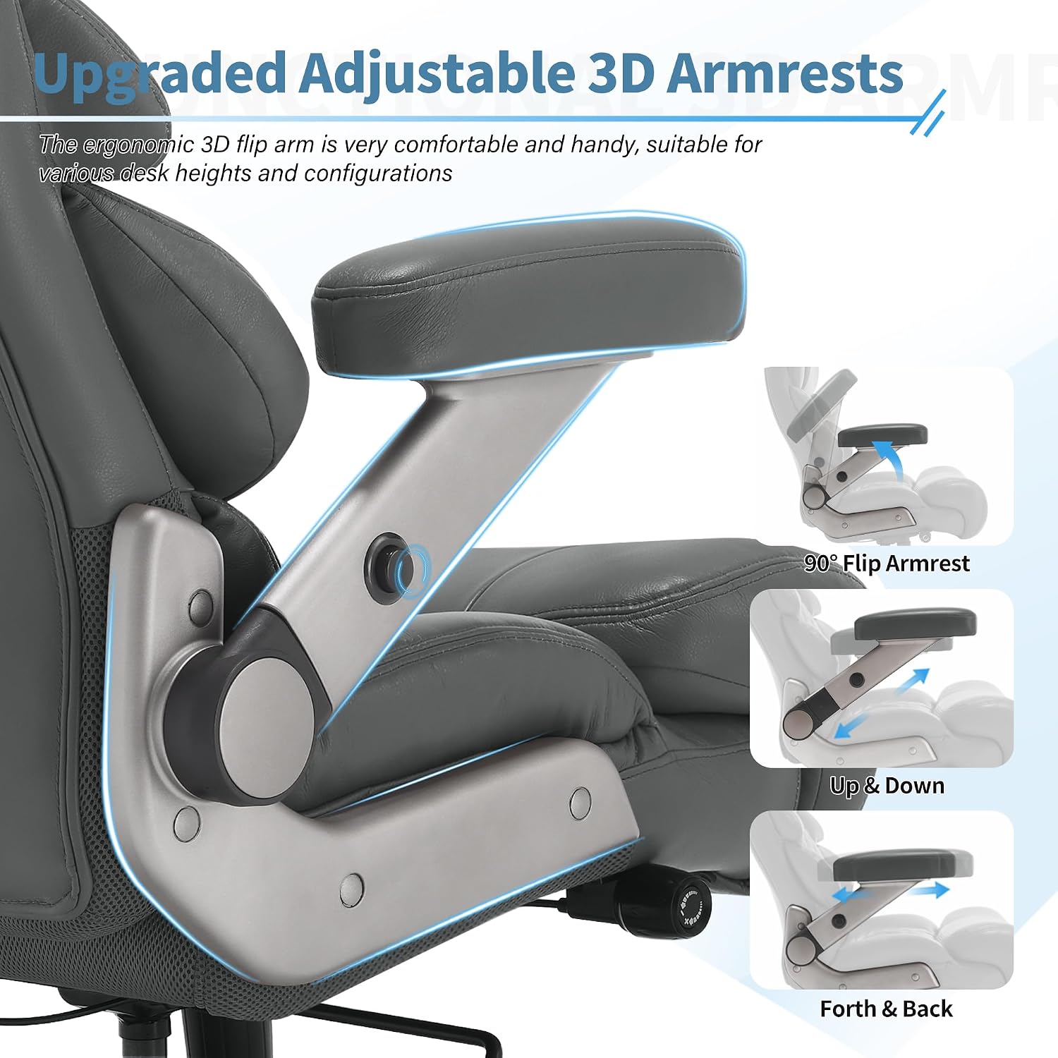VUZI 700lbs Big and Tall Office Chair-Large Computer Chair with Adjustable Lumbar Support 3D Flip Arms Plus Size Wheels, High Back Executive Desk Chair, Heavy Duty Metal Base, Thick Padded Wide Seat