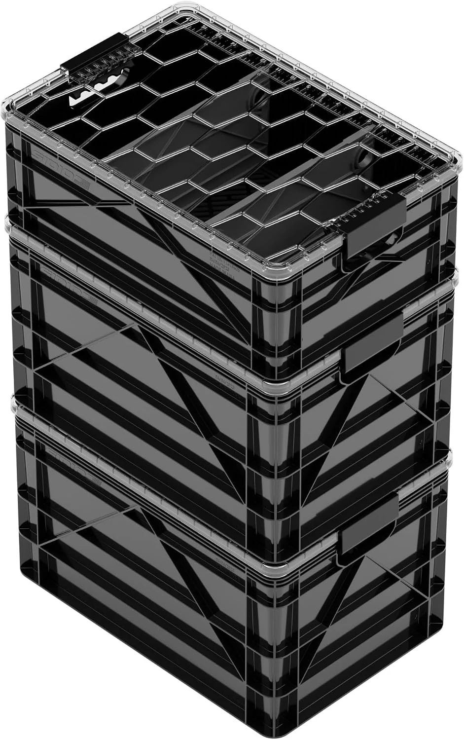 SIDIO Crate Pro Pack - 2 Full-Size & 1 Half-Size Heavy Duty Stackable Storage Bins, Totes and Containers with Lids and Dividers - Durable Plastic Organizer for Home, Office, Garage, and Outdoor Use