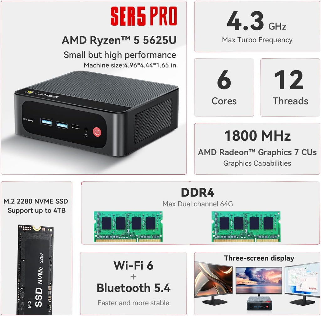 Beelink SER5 PRO Mini PC W11 Pro, AMD Ryzen 7 5625U(6C/12T up to 4.3GHz),16GB DDR4 500GB NVME SSD Graphics 7core 1800 MHz, WiFi 6/BT5.2/2.5G LAN, Triple Display Mini Gaming PC Computer