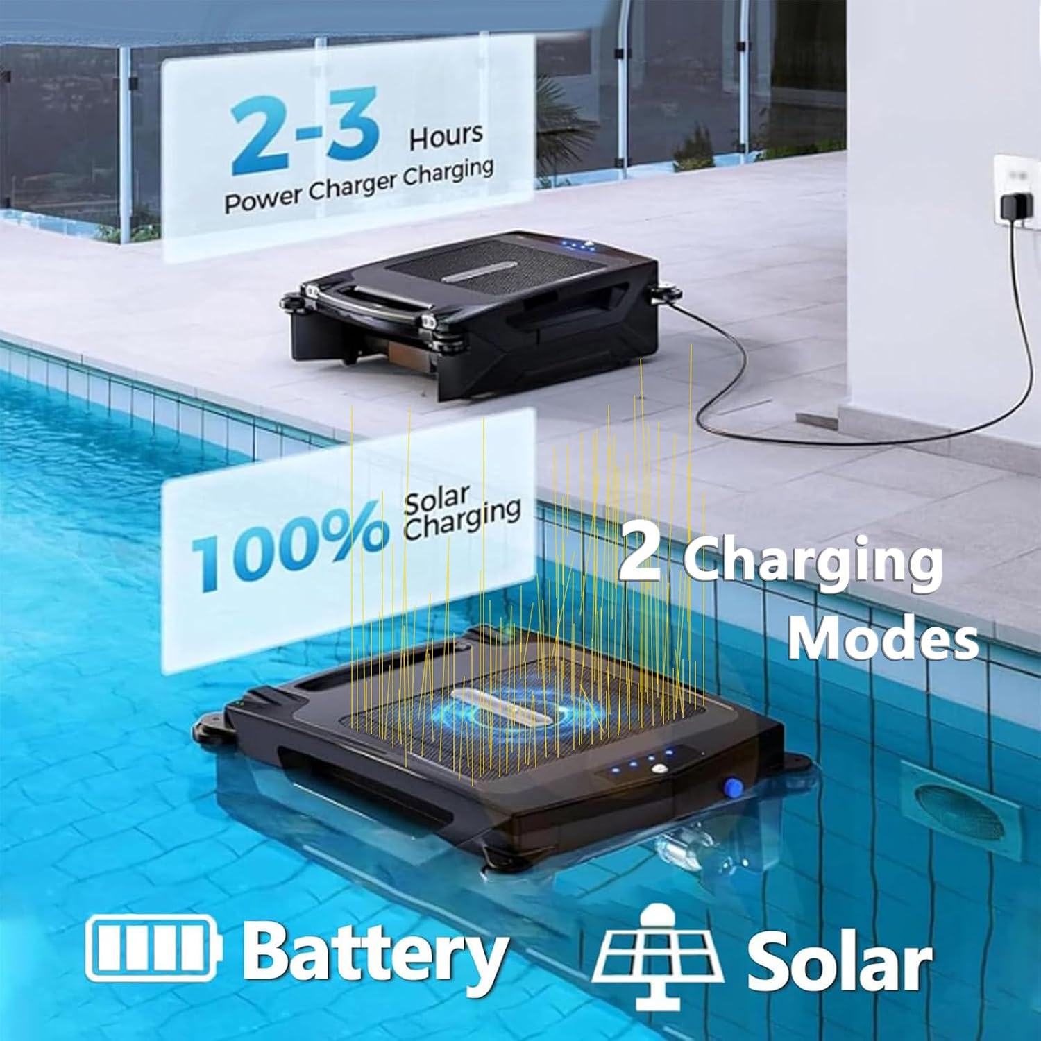 2025 New Upgrade Robotic Solar Pool Skimmer, 24/7 Cleaning, Dual Charging Modes, Smart Obstacle Avoidance, for Most Swimming Pool Types