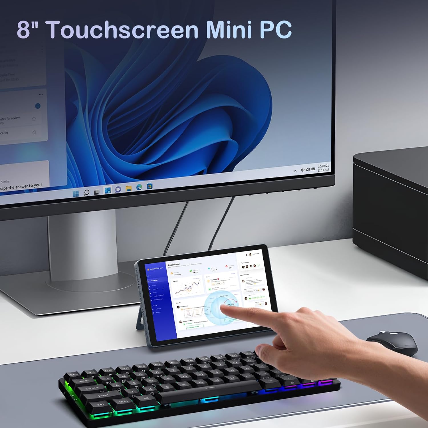 Mini PC N150(up to 3.6GHz), 12GB DDR5 RAM 256GB/512GB/1TB M.2 SSD Mini PC with 8-Inch Touchscreen 4K Dual Display,WIFI6,BT5.2,12 Ports, Portable Mini Computer(N150-12GB+512GB)