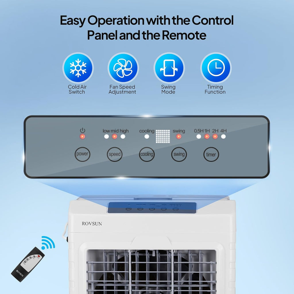 ROVSUN 2600CFM Portable Air Cooler, 10.5Gal/40L Evaporative Swamp Cooler, 3-IN-1 Cooling Fan with Remote Control, 3 Speeds, 7.5H Timer & 4 Ice Box, Humidifying Oscillating Fan for Indoor or Outdoor