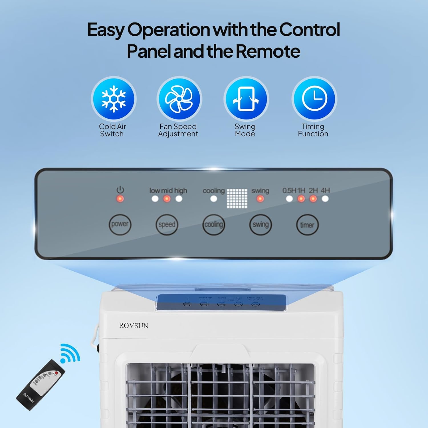 ROVSUN 2600CFM Portable Air Cooler, 10.5Gal/40L Evaporative Swamp Cooler, 3-IN-1 Cooling Fan with Remote Control, 3 Speeds, 7.5H Timer & 4 Ice Box, Humidifying Oscillating Fan for Indoor or Outdoor