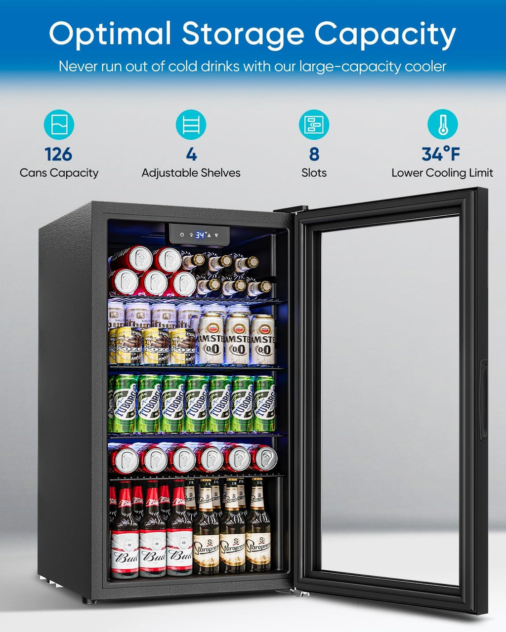 Feelfunn 3.2 Cu.Ft Mini Fridge with Glass Door - 126 Can Beverage Refrigerator Cooler for Drink Beer Wine Soda, Small Fridge for Bedroom Office Bar Dorm, 4 Adjustable Shelves, Black
