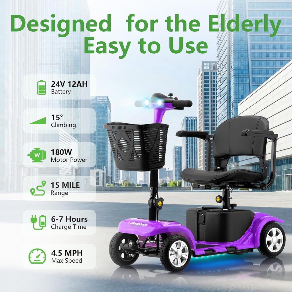 Mobility Scooter for Adults, Senior, 4 Wheels Electric Powered Chargeable Device for Travel, Lightweight Mobility Scooter with LED Headlights and Basket, Charger Included