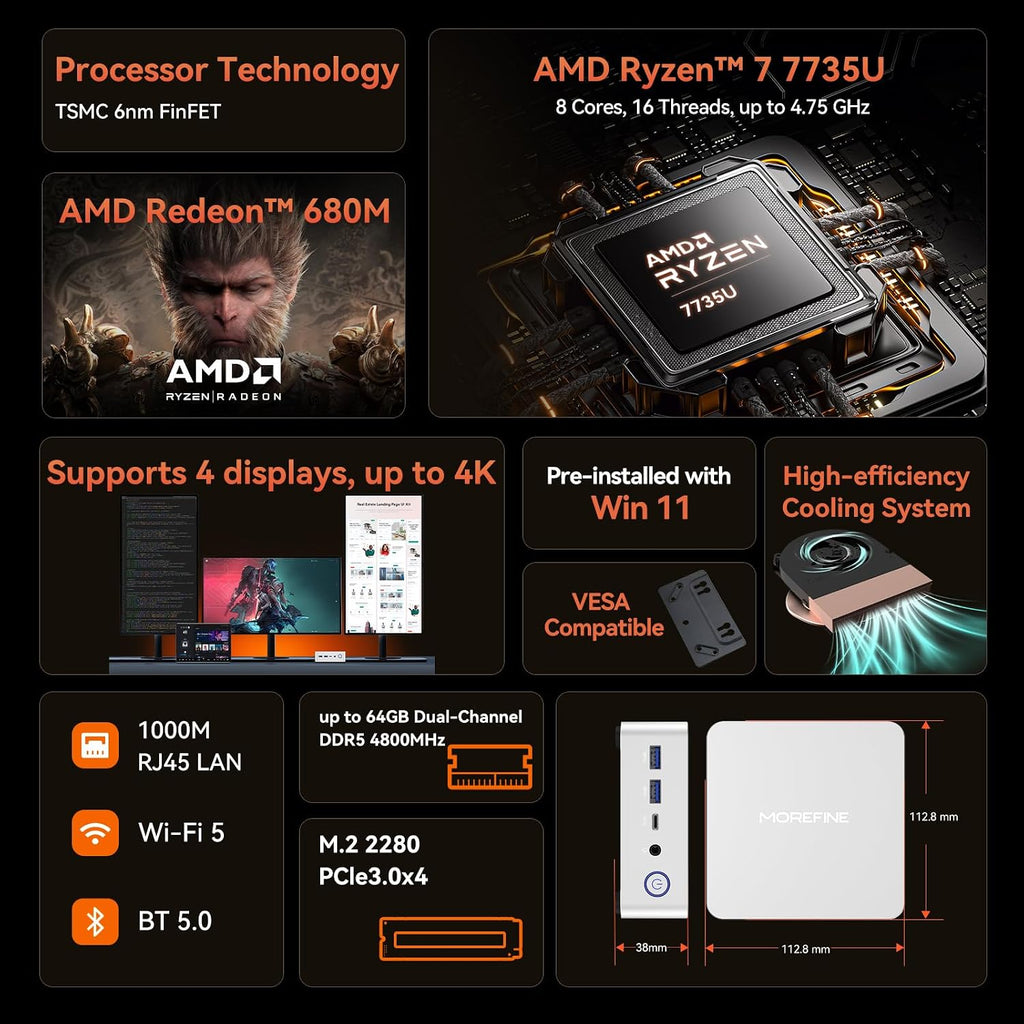 MOREFINE M700 Mini PC, Ryzen 7 7735U (8C/16T, up to 4.75Ghz), Mini Desktop Computer 16GB DDR5 512GB NVMe SSD, Small PC Desktop Support 4k Dual Display WiFi6/BT5.2/USB3.2
