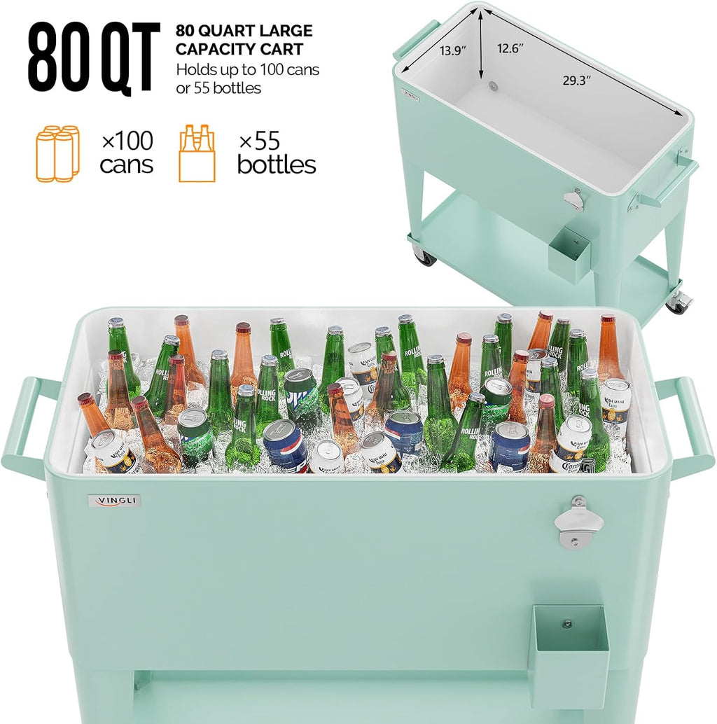 VINGLI Rolling Ice Chest, Portable Patio Party Bar Drink Cooler Cart, with Shelf, Beverage Pool with Bottle Opener