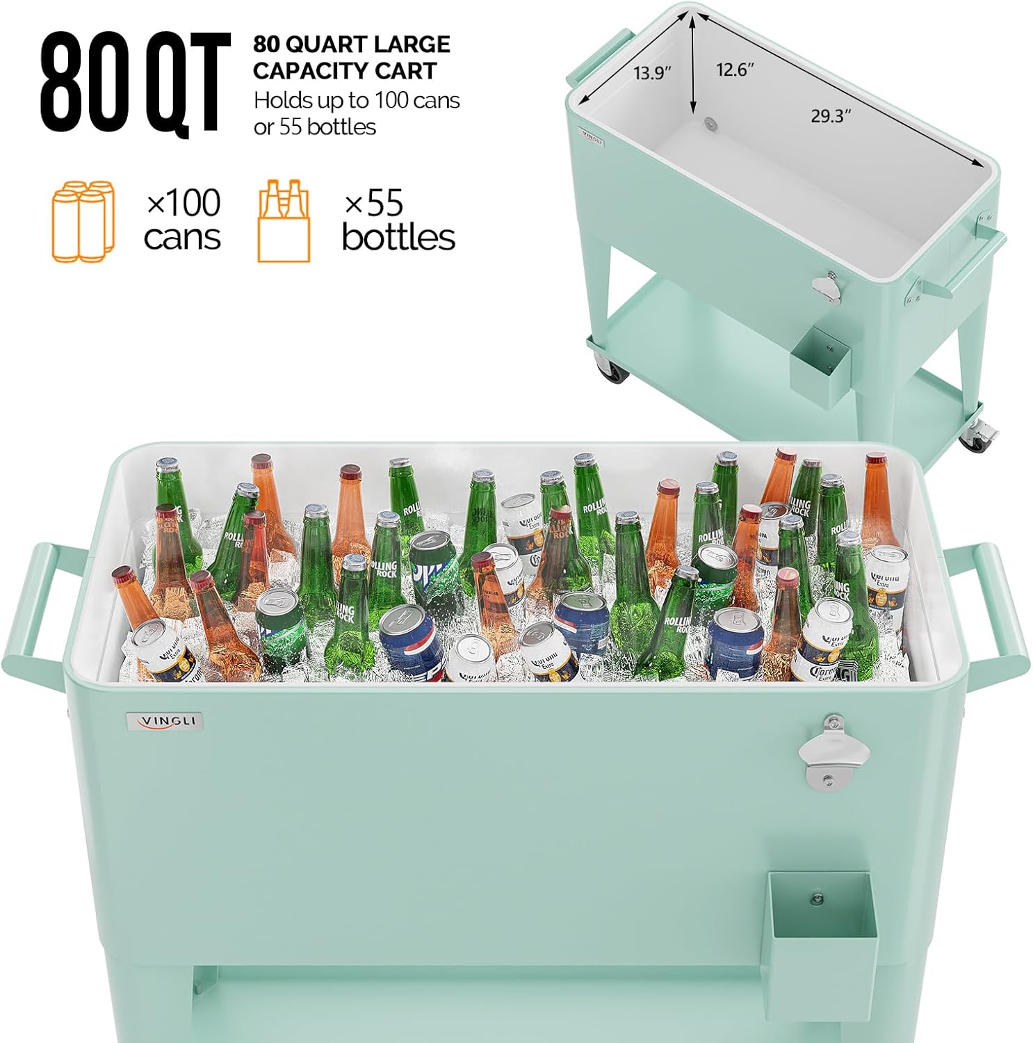 VINGLI Rolling Ice Chest, Portable Patio Party Bar Drink Cooler Cart, with Shelf, Beverage Pool with Bottle Opener
