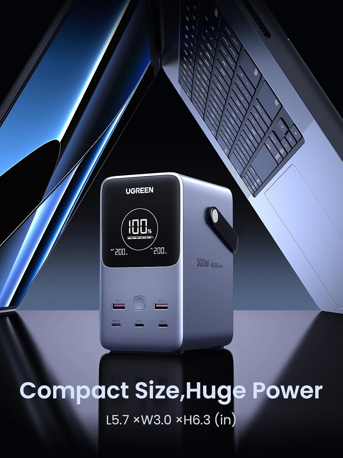 UGREEN 300W 48,000mAh Portable Charger Power Bank with Smart Digital Display, Lighting and SOS Mode, 153Wh 5 Ports USB C Battery Pack for Outdoor Camping and Home Backup for Laptop and More