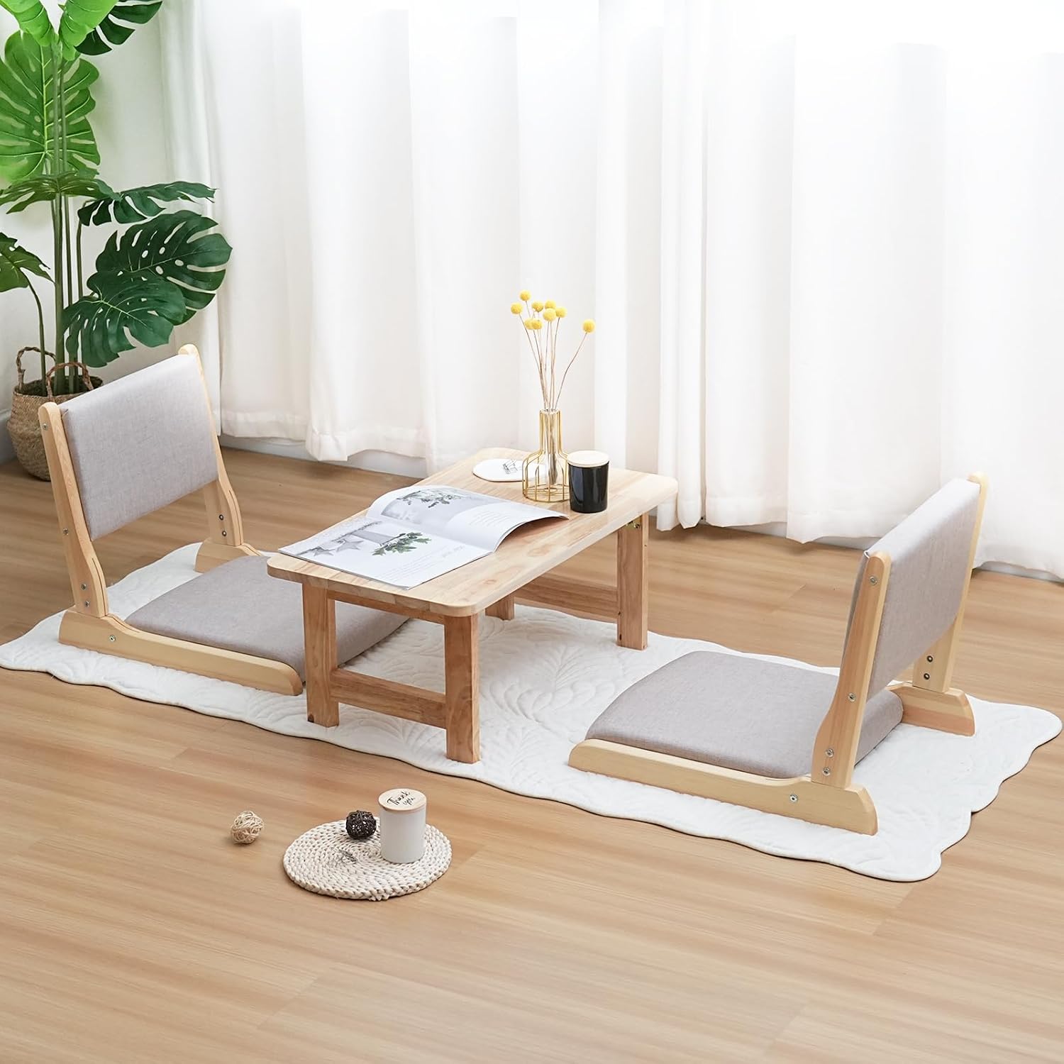 Japanese Floor Chair with Back Support, Foldable Meditation Chair, Legless Tatami Chair with Cushion, Floor Seat for Living Room, Bedroom, Bay Window (2, Gray)