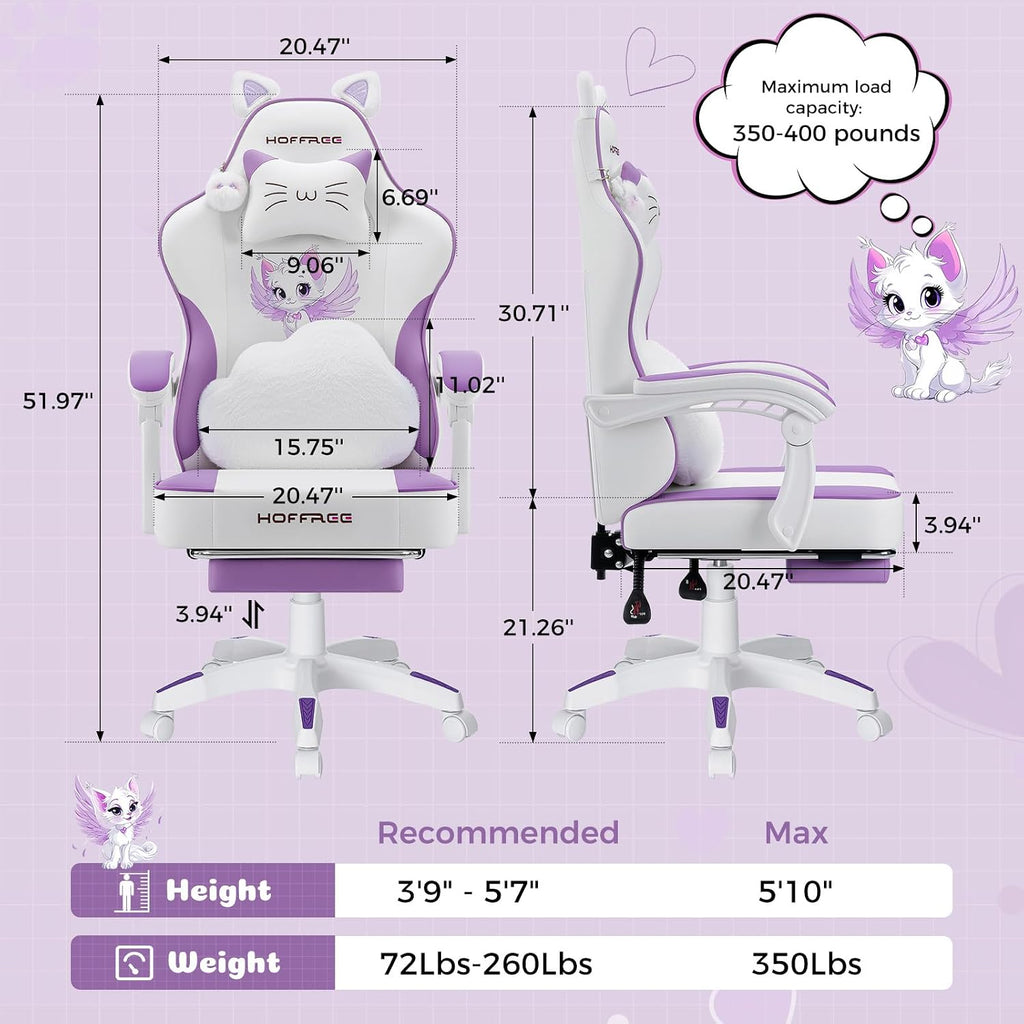 HOFFREE Gaming Chair with Cat Ears and Cloud Massage Lumbar Ergonomic Cute Computer Chair for Girls with Footrest Comfortable Reclining Game Chairs for Adults Purple and White