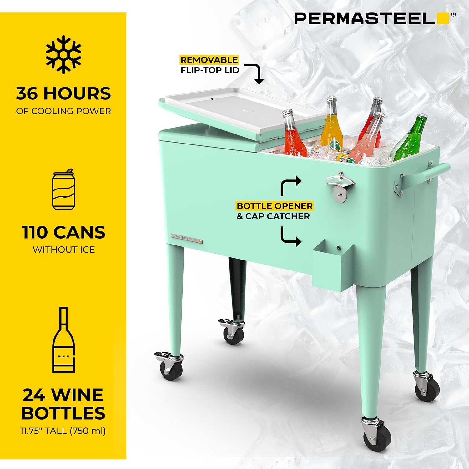 Permasteel 80-Qt Large Outdoor Patio Cooler with Wheels & Handles, Portable Rolling Hard Cooler for Outside, Retro Ice Cooler Cart, Beverage Can Coolers for Backyard Parties