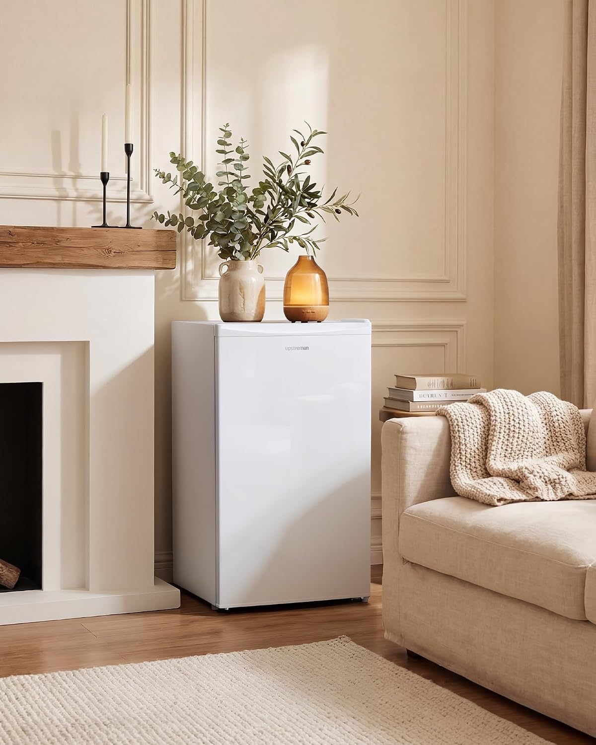 Upstreman 3.2 Cu.Ft Mini Fridge with Freezer, Single Door Mini Fridge, Dorm Fridge, Adjustable Thermostat, Mini Refrigerator for Dorm, Office, Bedroom, White-BR321