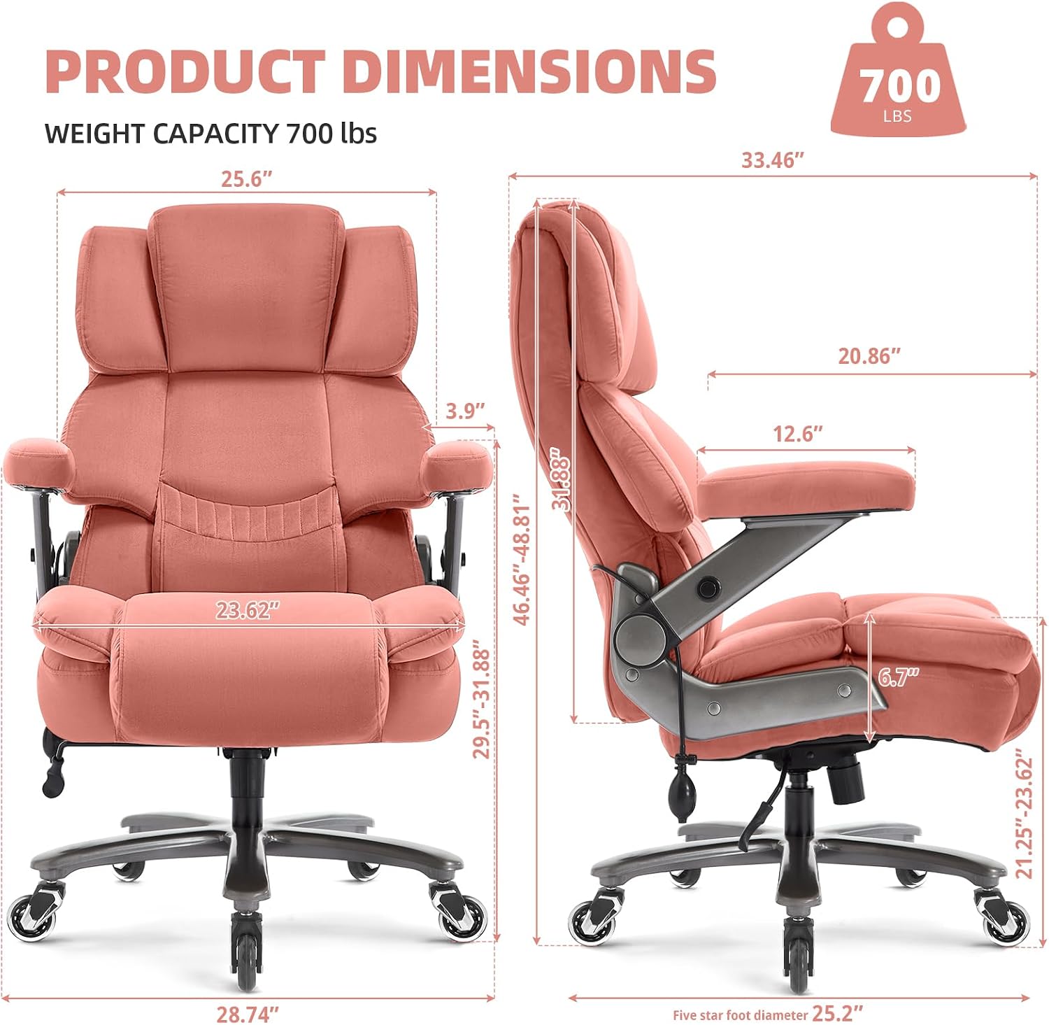 VUZI 700LBS Large Heavy Duty Office Chair with 3D Flip Arms, Big and Tall Plus Size Fabric Executive Desk Chairs, High Back Extra Wide Computer Chair with Adjustable Lumbar Support, Sturdy Metal Base